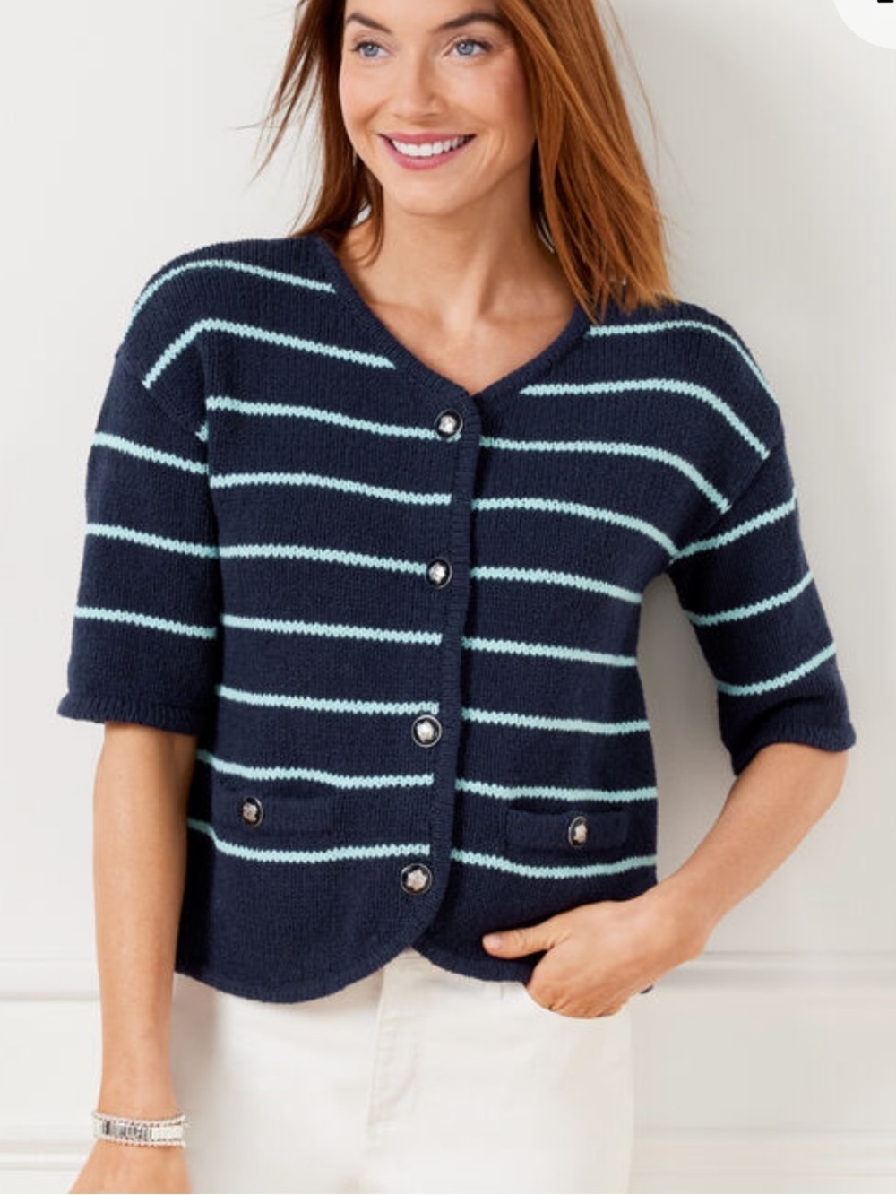 NWT Talbots ELBOW SLEEVE SWEATER JACKET STRIPE navy blue